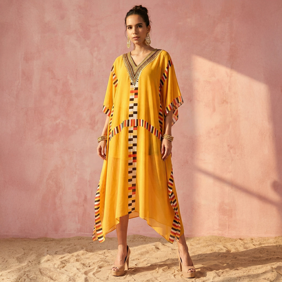 Yellow Geometric Print Kaftan for Women – Viscose Crepe | First Resort by Ramola Bachchan