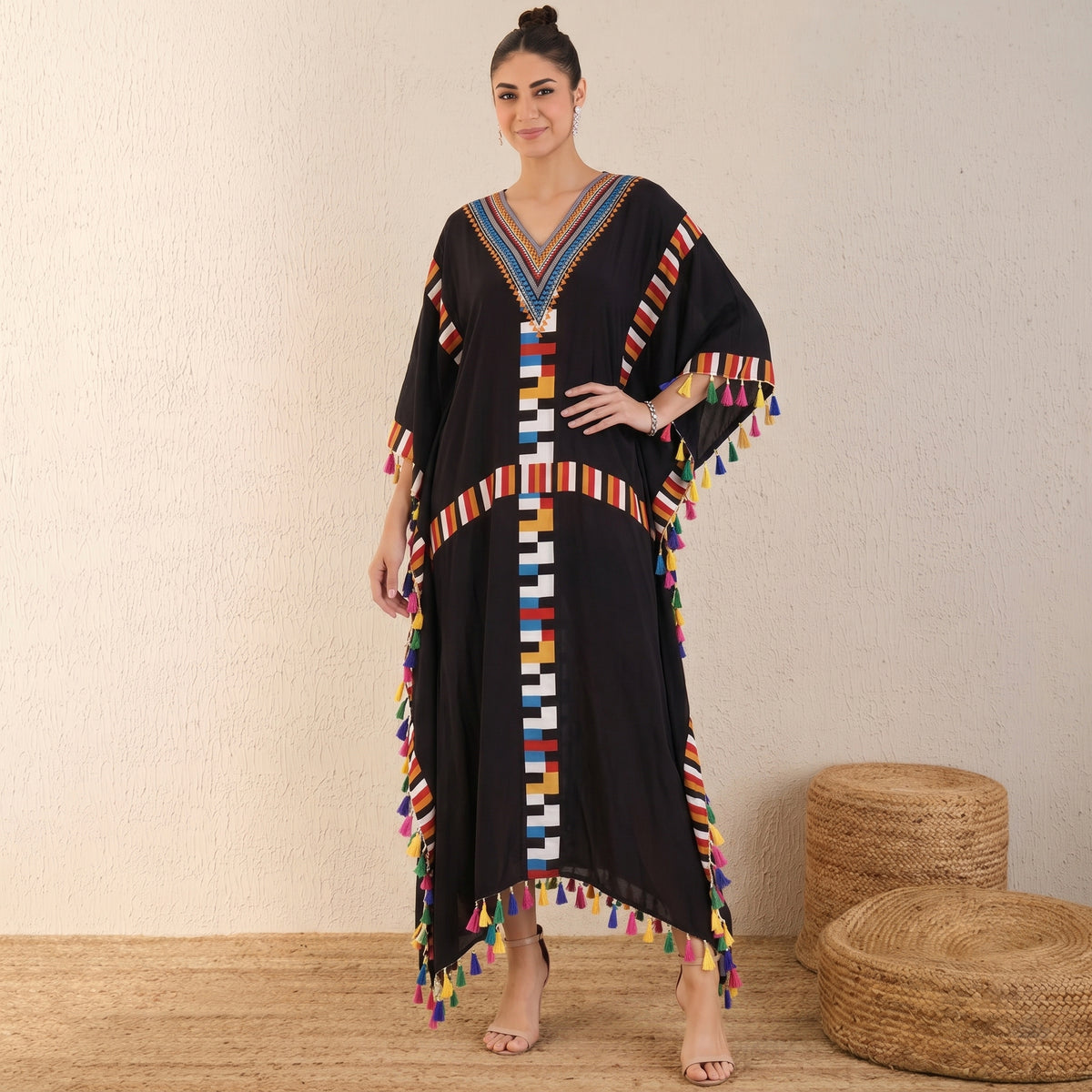 Black Geometric Print Kaftan for Women – Viscose Crepe | First Resort by Ramola Bachchan
