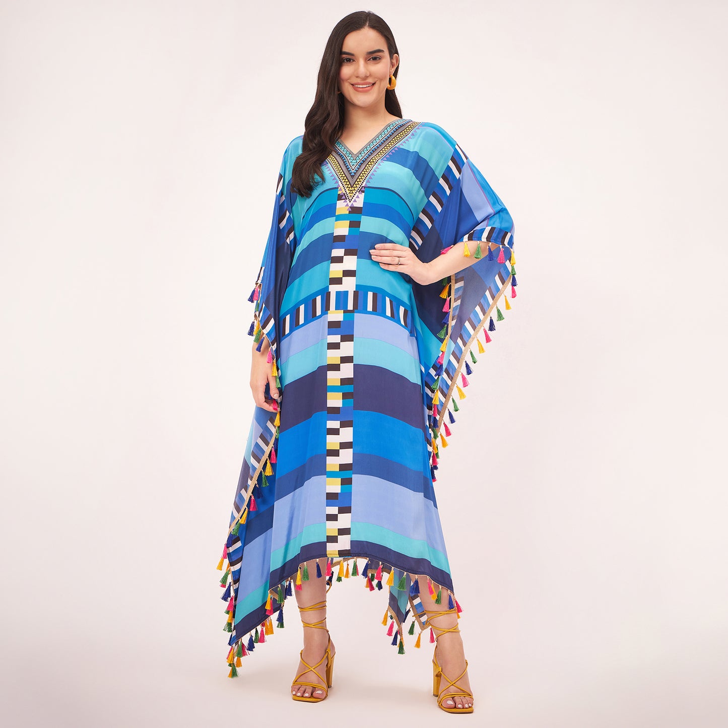 Blue Geometric Mid Length Kaftan with Lace