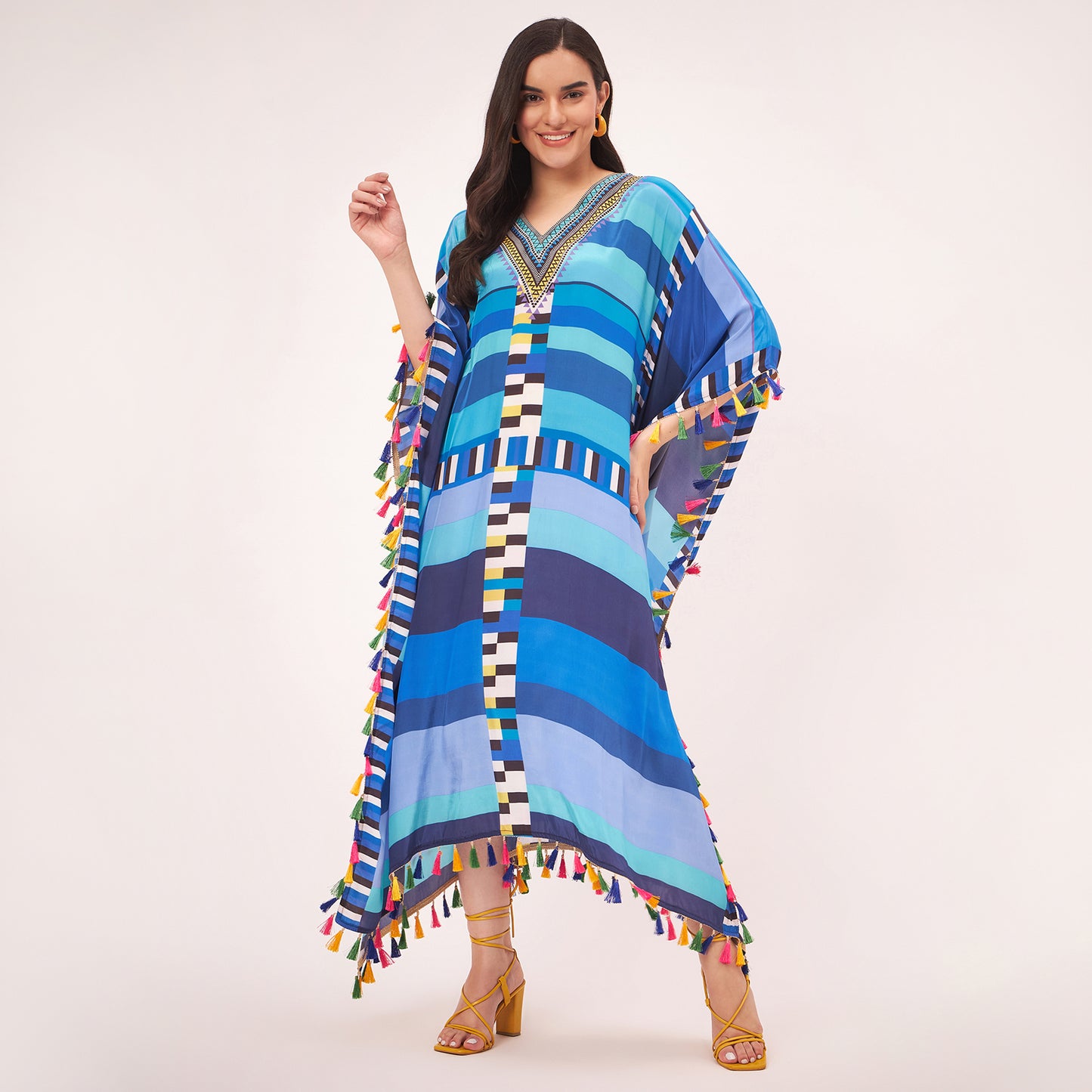 Blue Geometric Mid Length Kaftan with Lace
