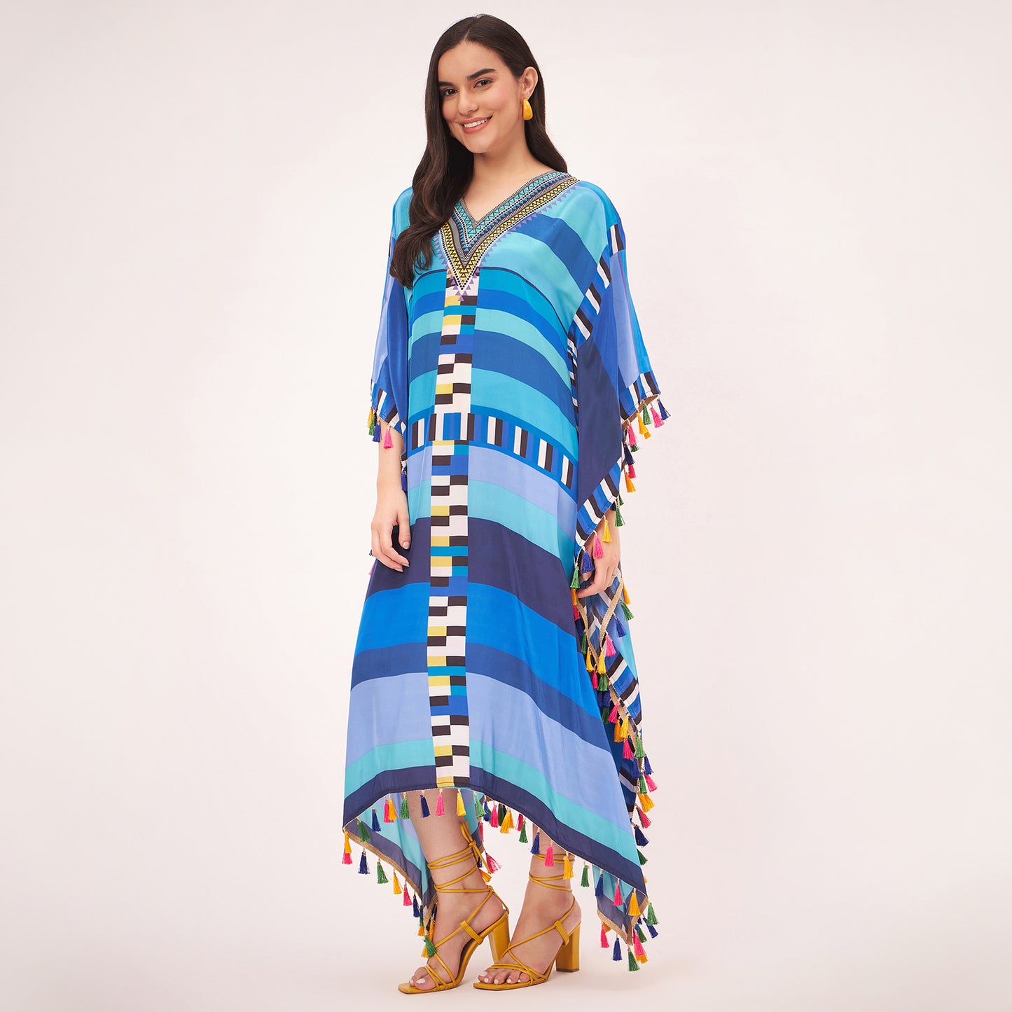 Blue Geometric Mid Length Kaftan with Lace