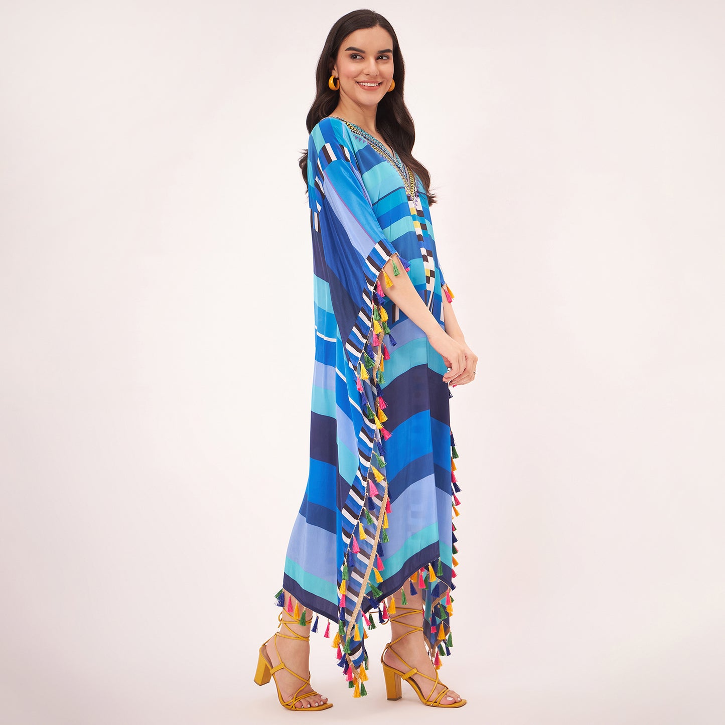 Blue Geometric Mid Length Kaftan with Lace