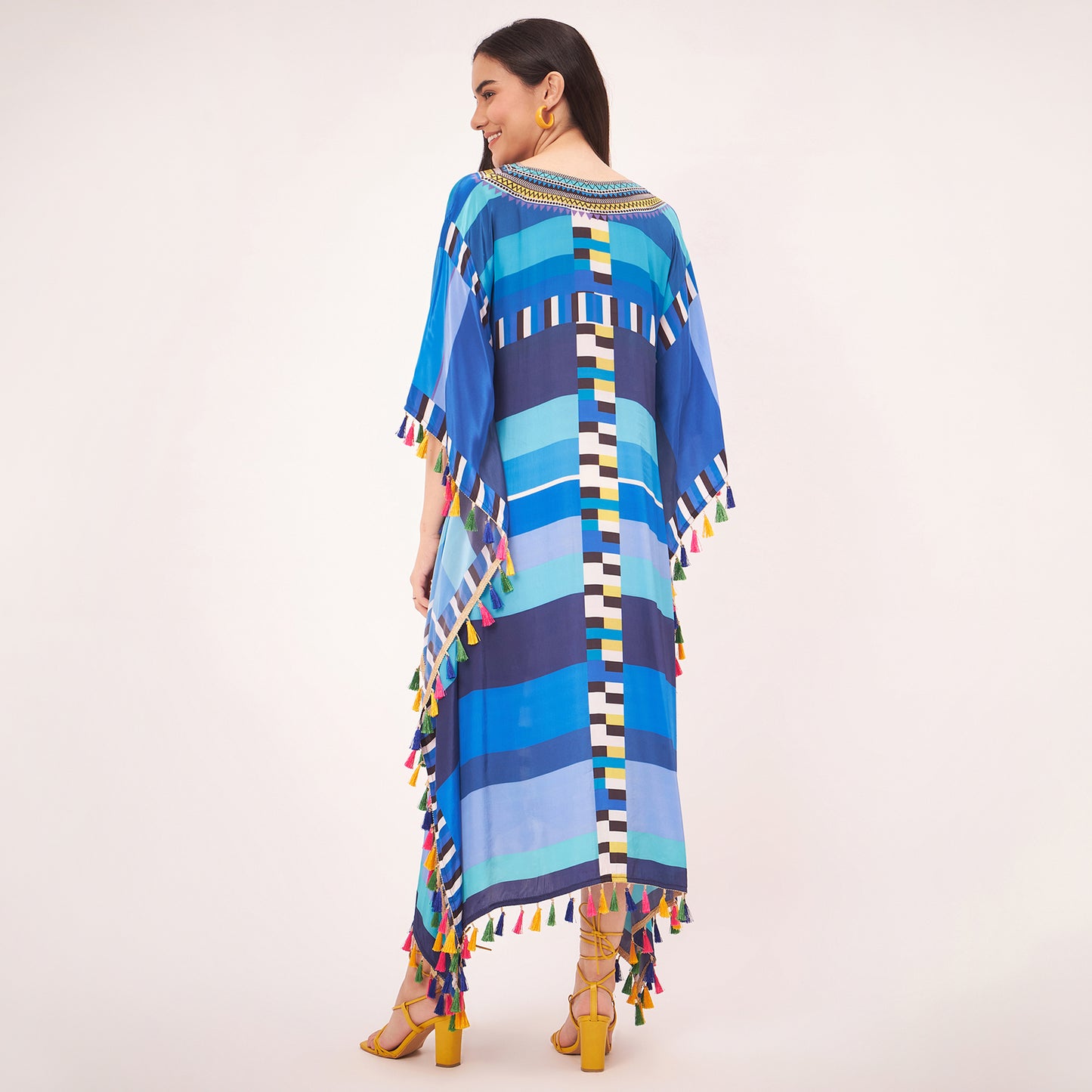 Blue Geometric Mid Length Kaftan with Lace