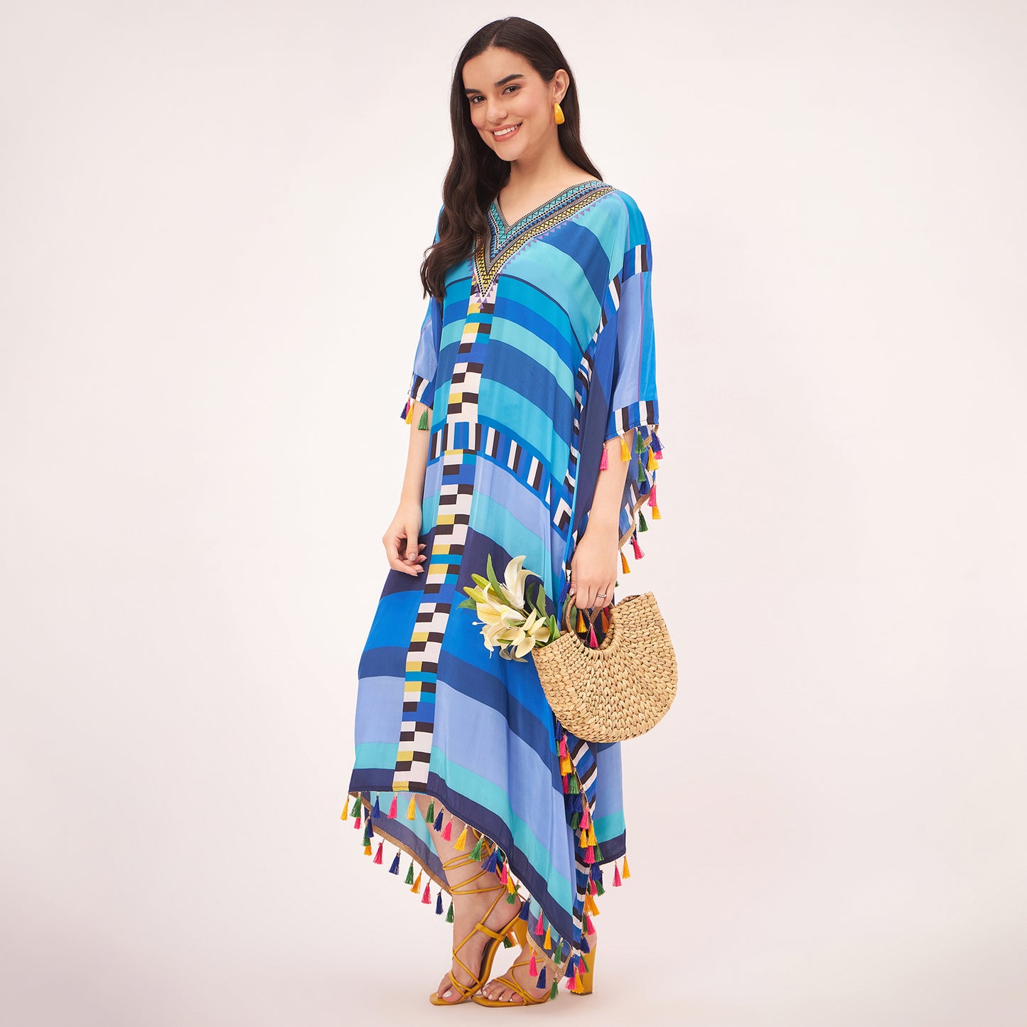 Blue Geometric Mid Length Kaftan with Lace