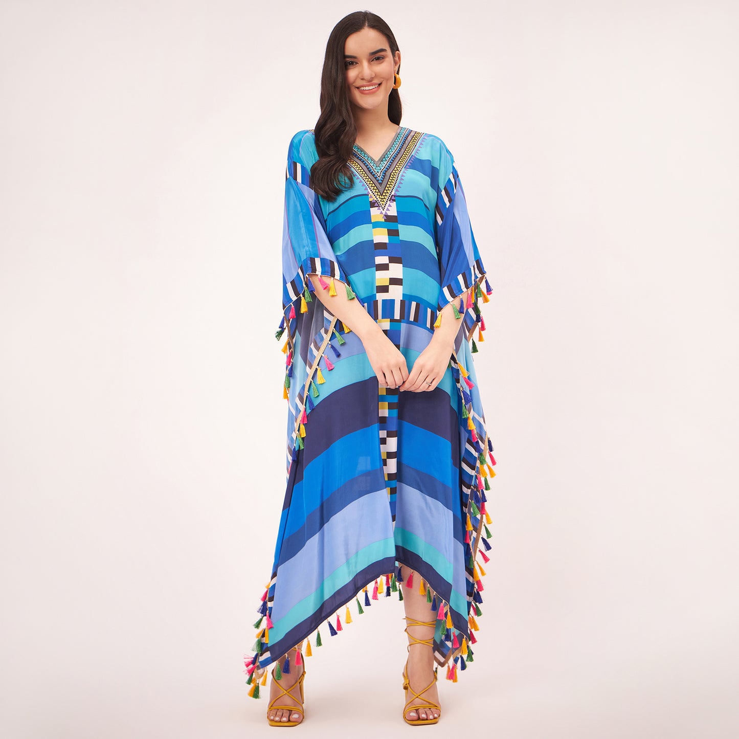 Blue Geometric Mid Length Kaftan with Lace