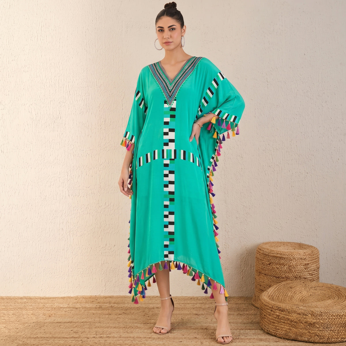 Green Geometric Print Kaftan for Women – Viscose Crepe | First Resort by Ramola Bachchan