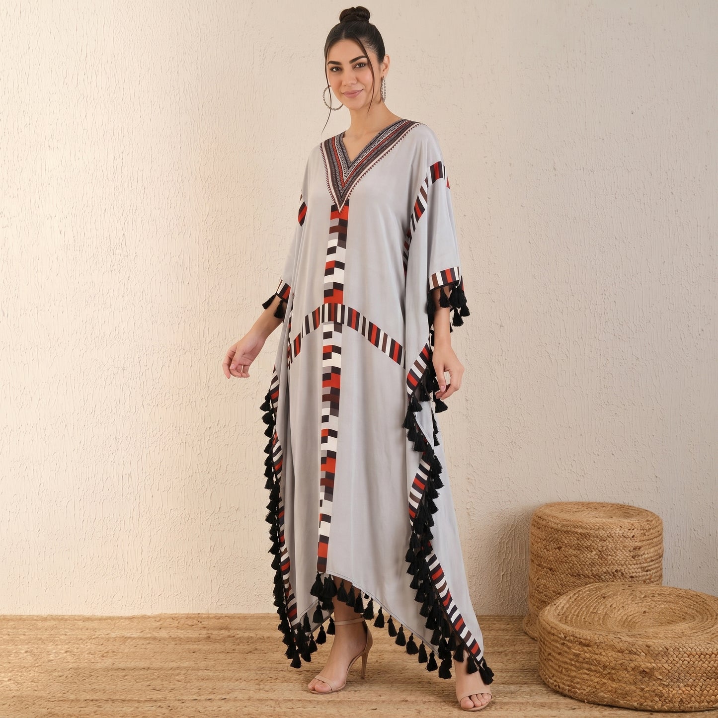 Grey Geometric Print Kaftan for Women – Viscose Crepe | First Resort by Ramola Bachchan