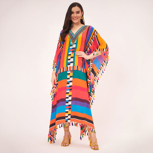 Multicoloured Geometric Mid Length Kaftan with Lace