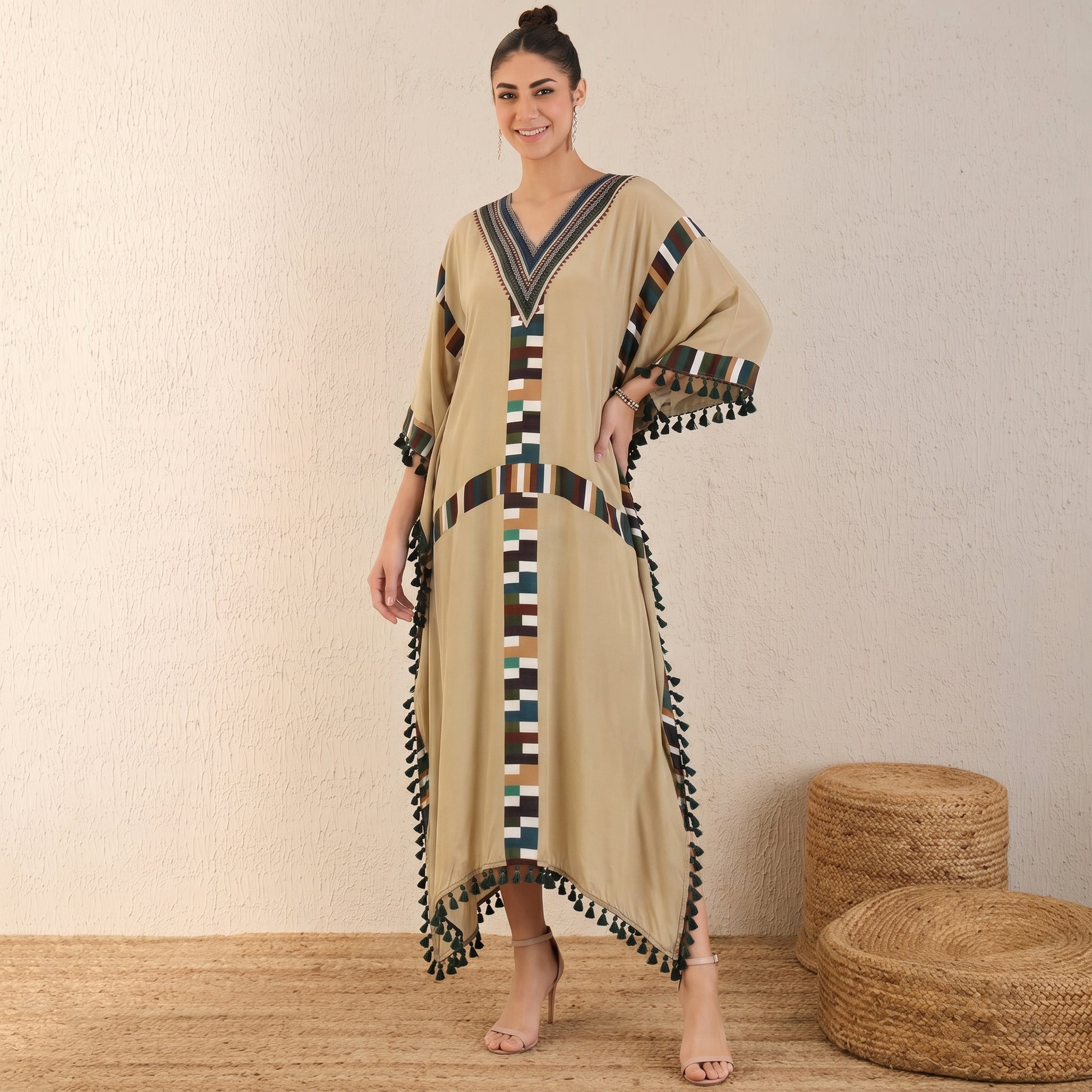 Olive Green Geometric Print Kaftan for Women – Viscose Crepe | First Resort by Ramola Bachchan