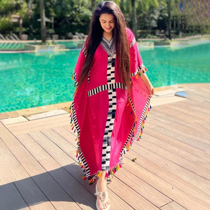 Pink Geometric Mid Length Kaftan with Lace