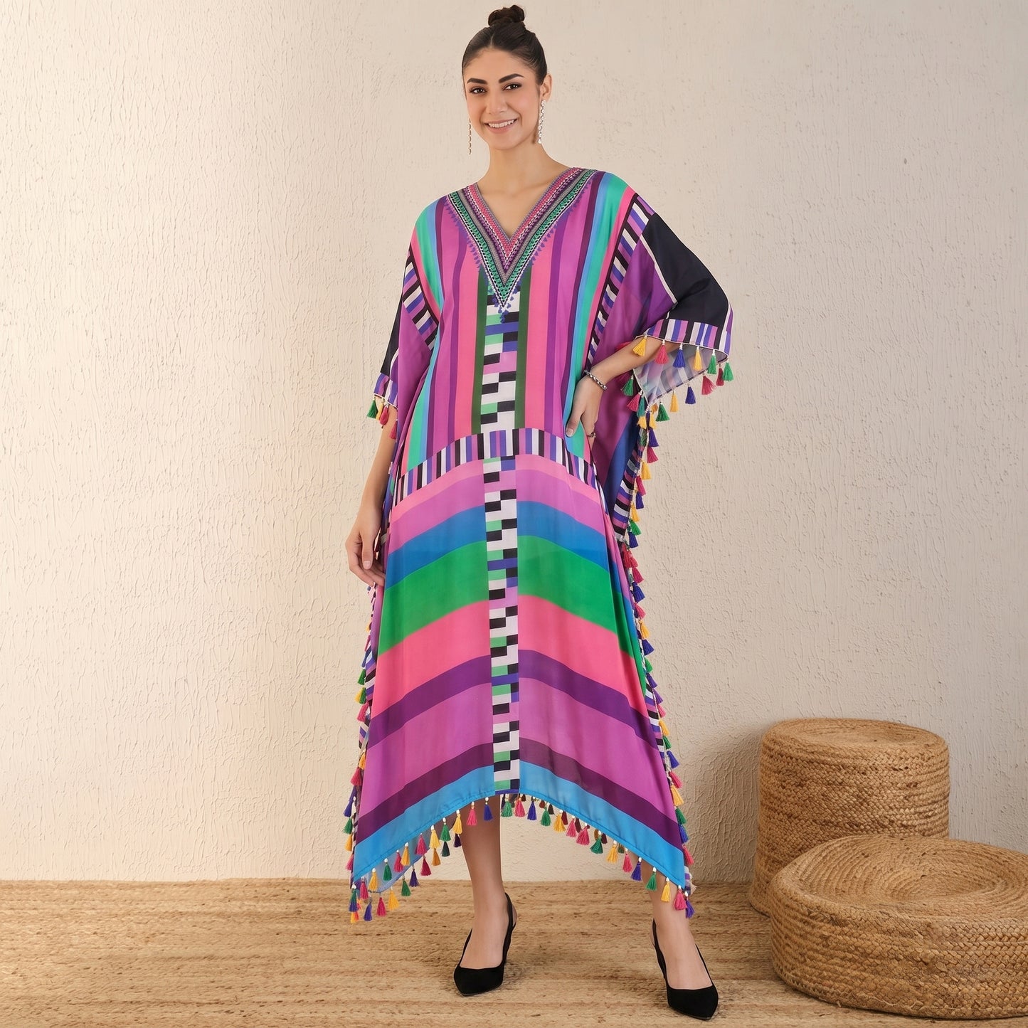 Purple And Green Geometric Print Kaftan for Women – Viscose Crepe | First Resort by Ramola Bachchan