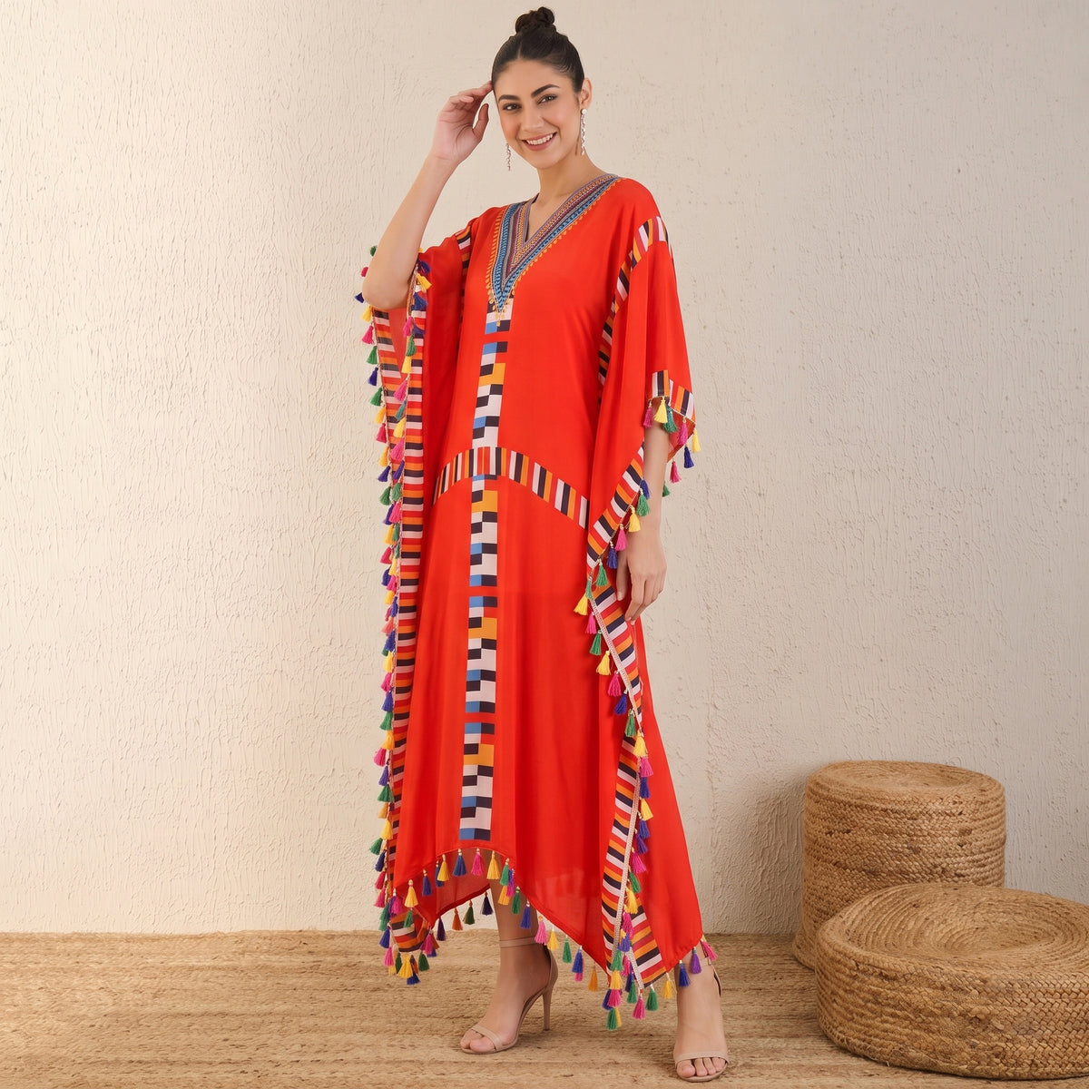 Red Geometric Print Kaftan for Women – Viscose Crepe | First Resort by Ramola Bachchan