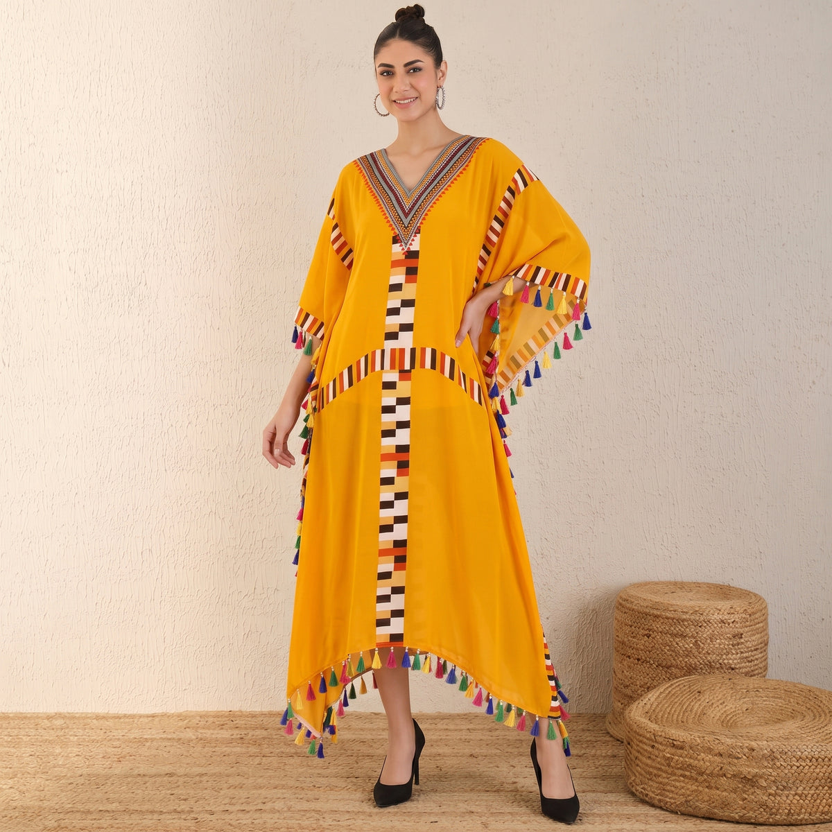 Yellow Geometric Print Kaftan for Women – Viscose Crepe | First Resort by Ramola Bachchan