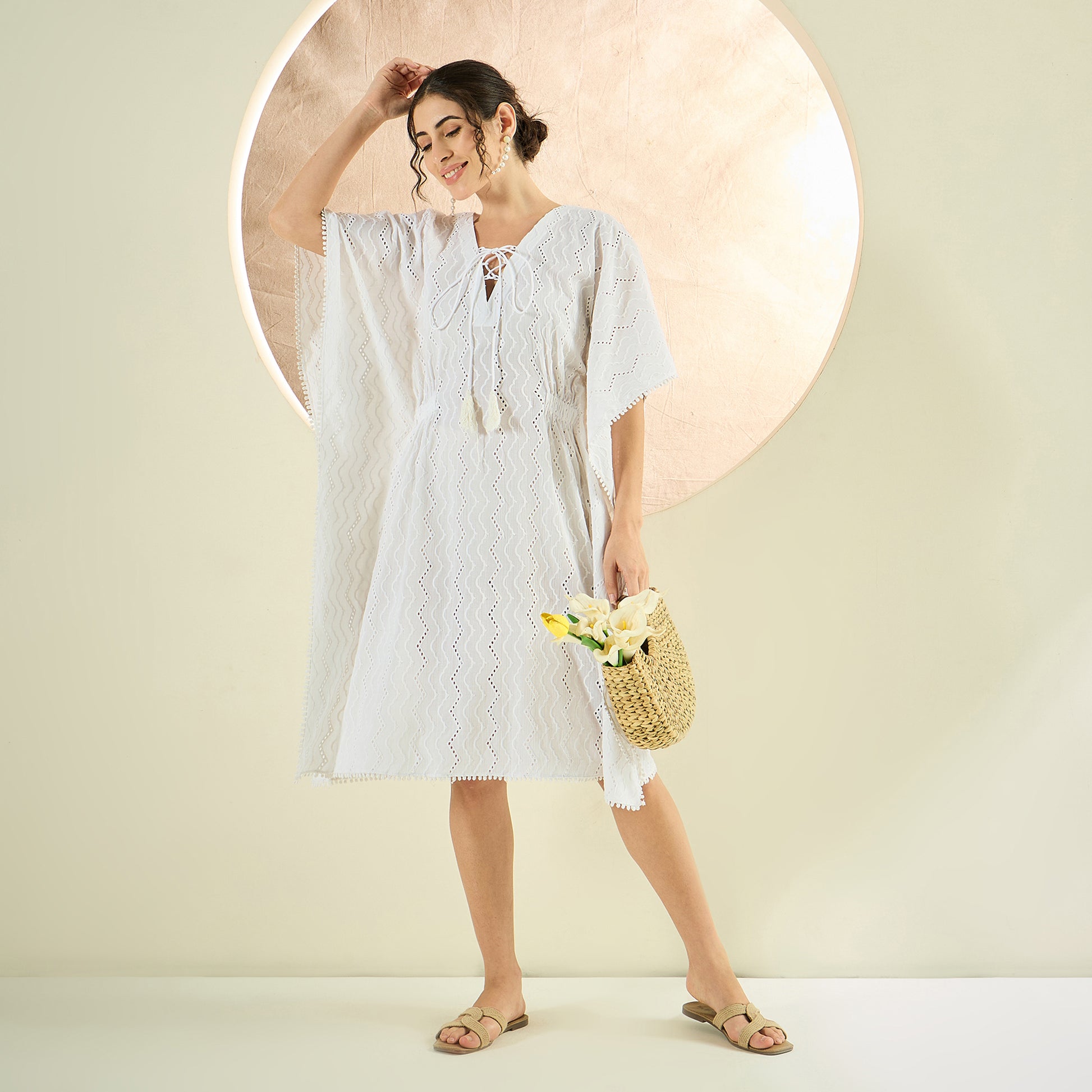 White Neck-Tie Eyelet Mid Length Kaftan XS