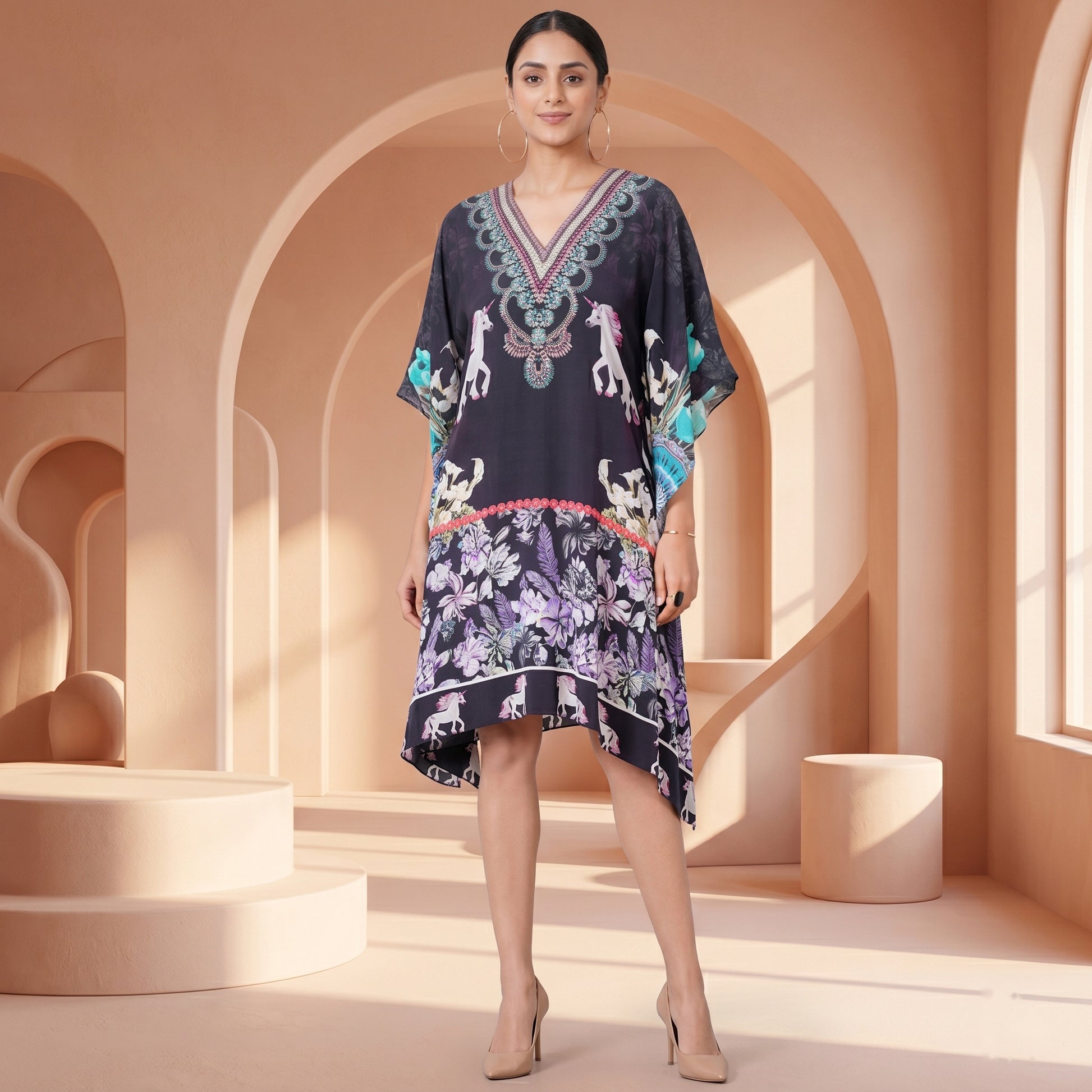 Black Unicorn Print Kaftan for Women – Embellished | First Resort by Ramola Bachchan