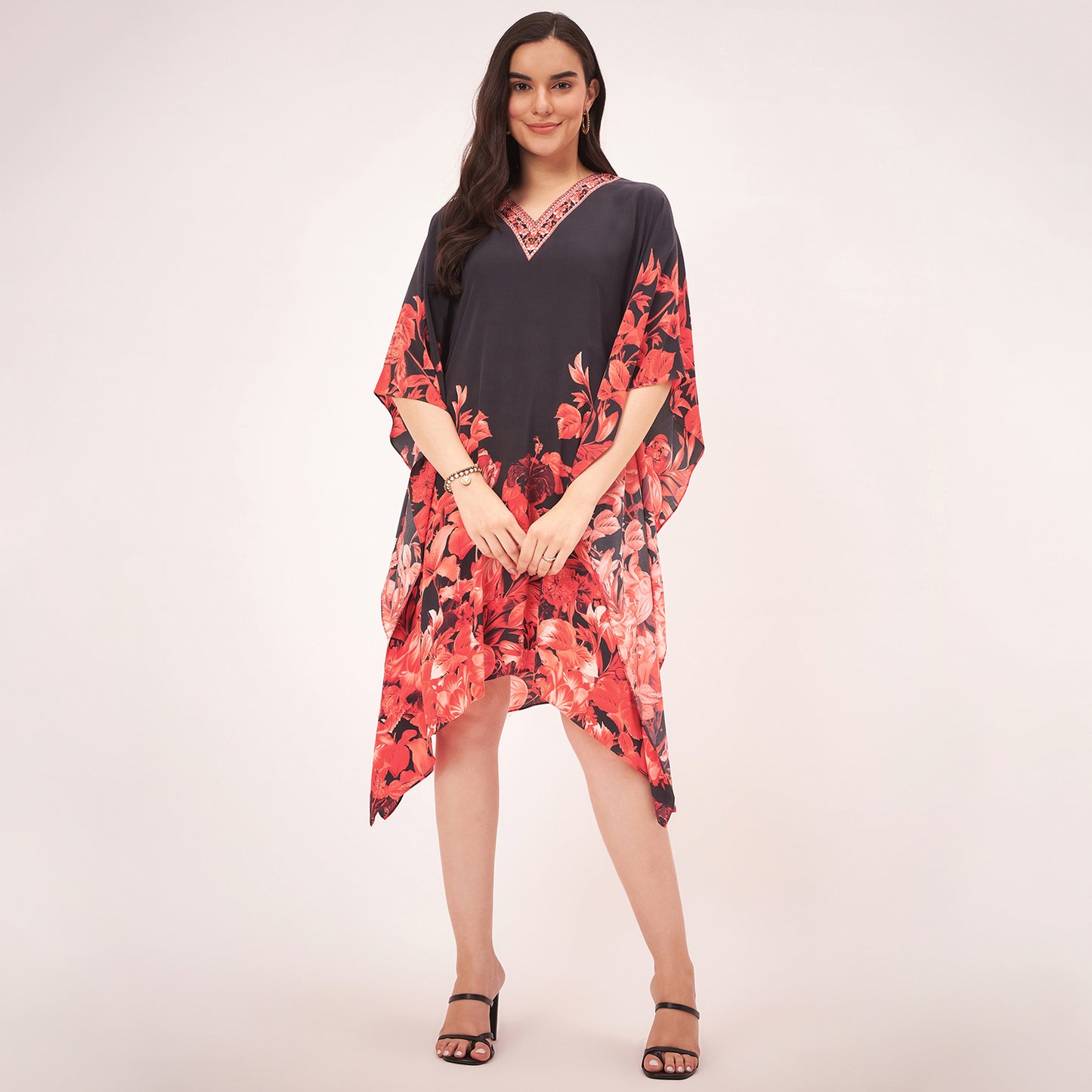 Black and Red Floral Print Silk Mid Length Kaftan