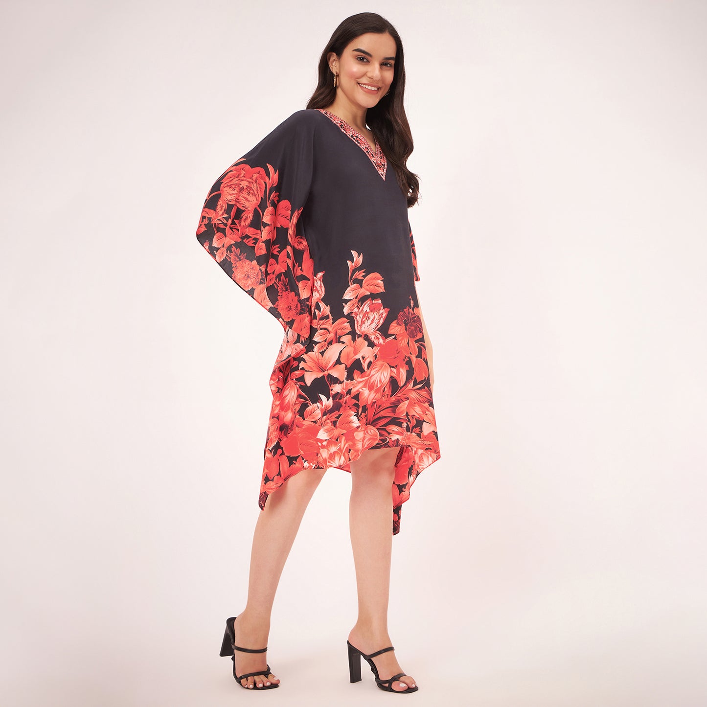 Black and Red Floral Print Silk Mid Length Kaftan