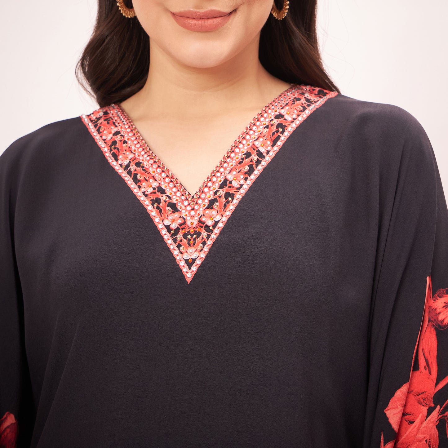 Black and Red Floral Print Silk Mid Length Kaftan