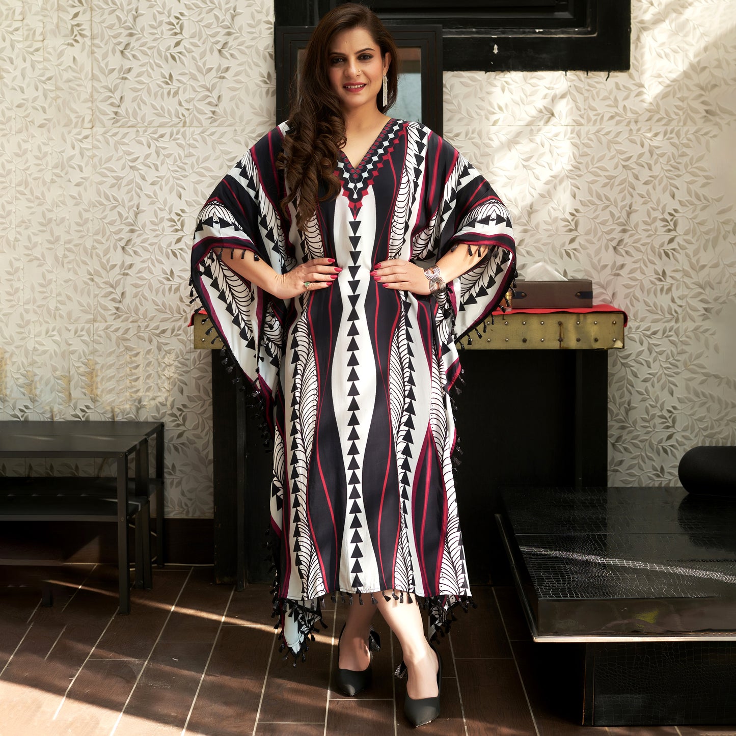 Black and Maroon Geometric Swirl Mid Length Kaftan
