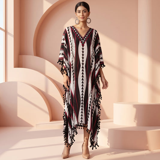 Black And Maroon Geometric Swirl Print Kaftan for Women – Viscose Crepe | First Resort by Ramola Bachchan