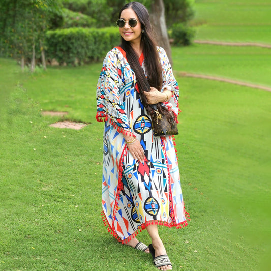 White and Orange Modern Geometric Mid Length Kaftan