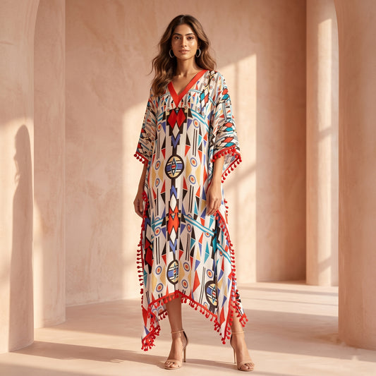 White And Orange Geometric Print Kaftan for Women – Viscose Crepe | First Resort by Ramola Bachchan