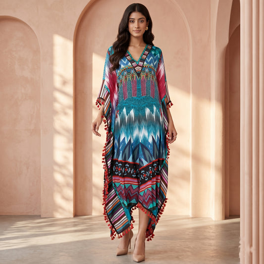 Multicolour Abstract Print Kaftan for Women – Viscose Crepe | First Resort by Ramola Bachchan