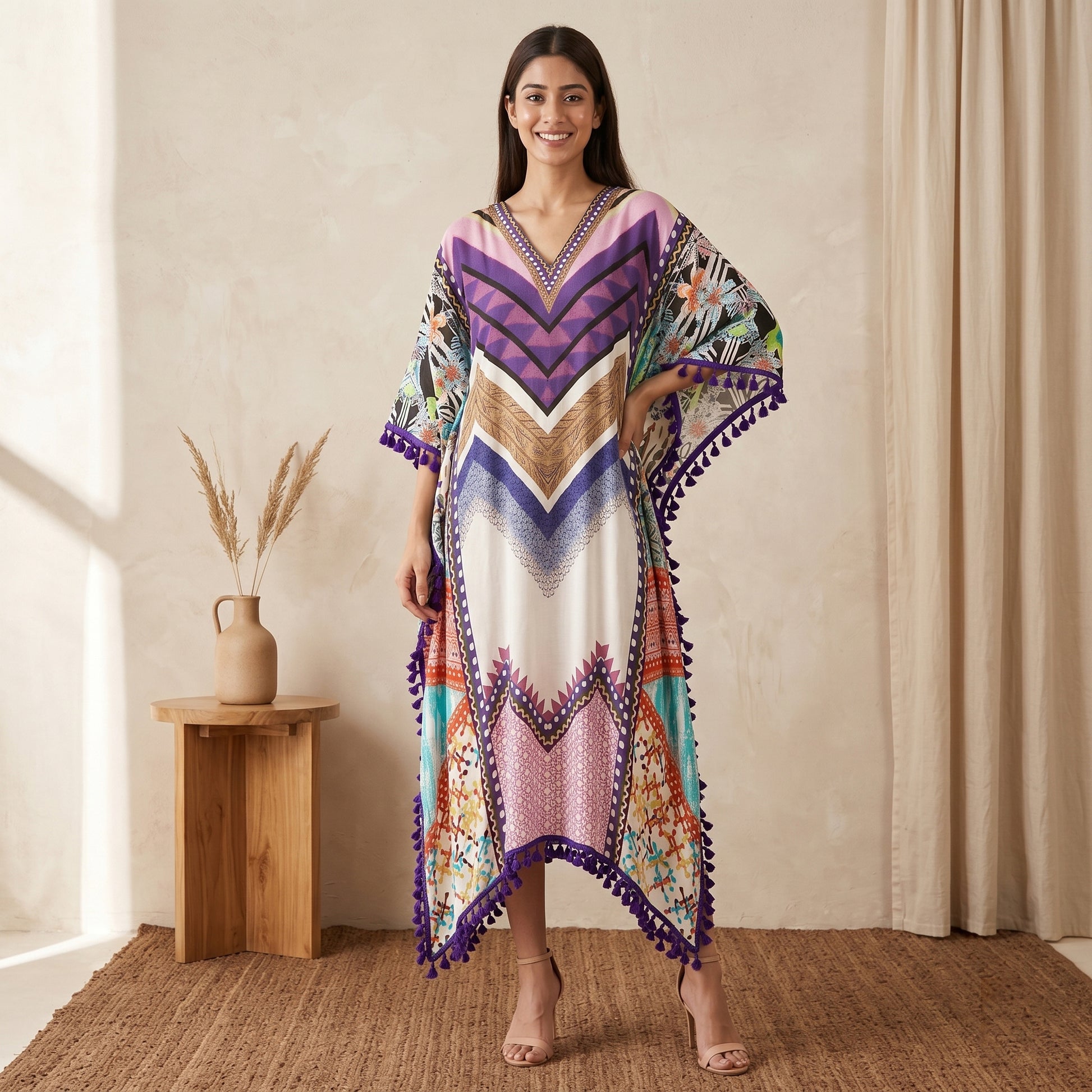 Purple And Pink Chevron Print Kaftan for Women – Viscose Crepe | First Resort by Ramola Bachchan