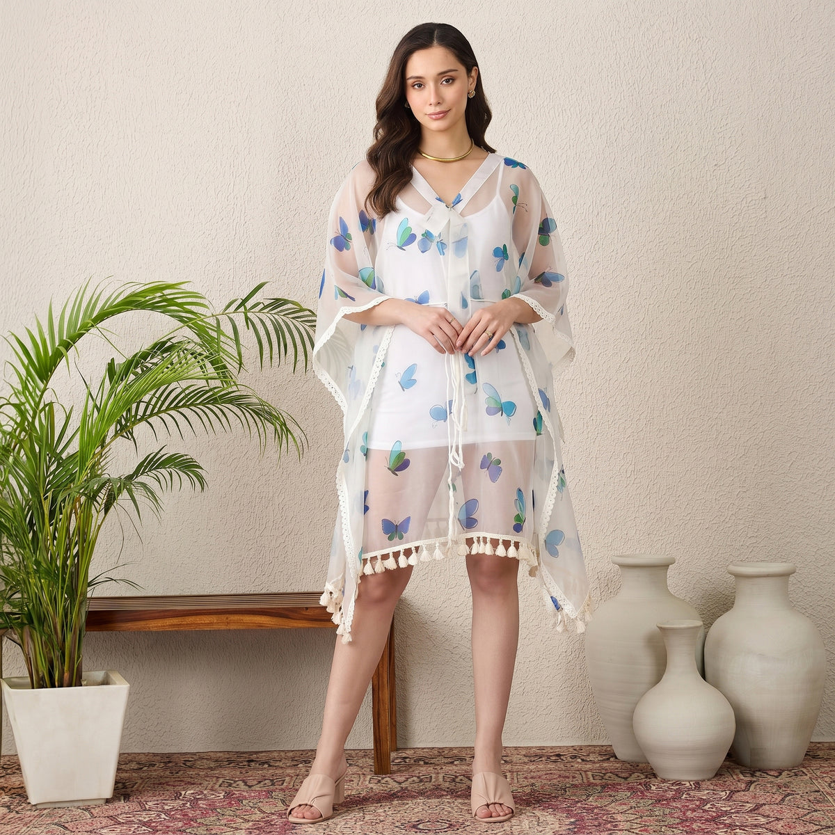 Aqua Butterfly Print Kaftan for Women – Silk Organza | First Resort by Ramola Bachchan