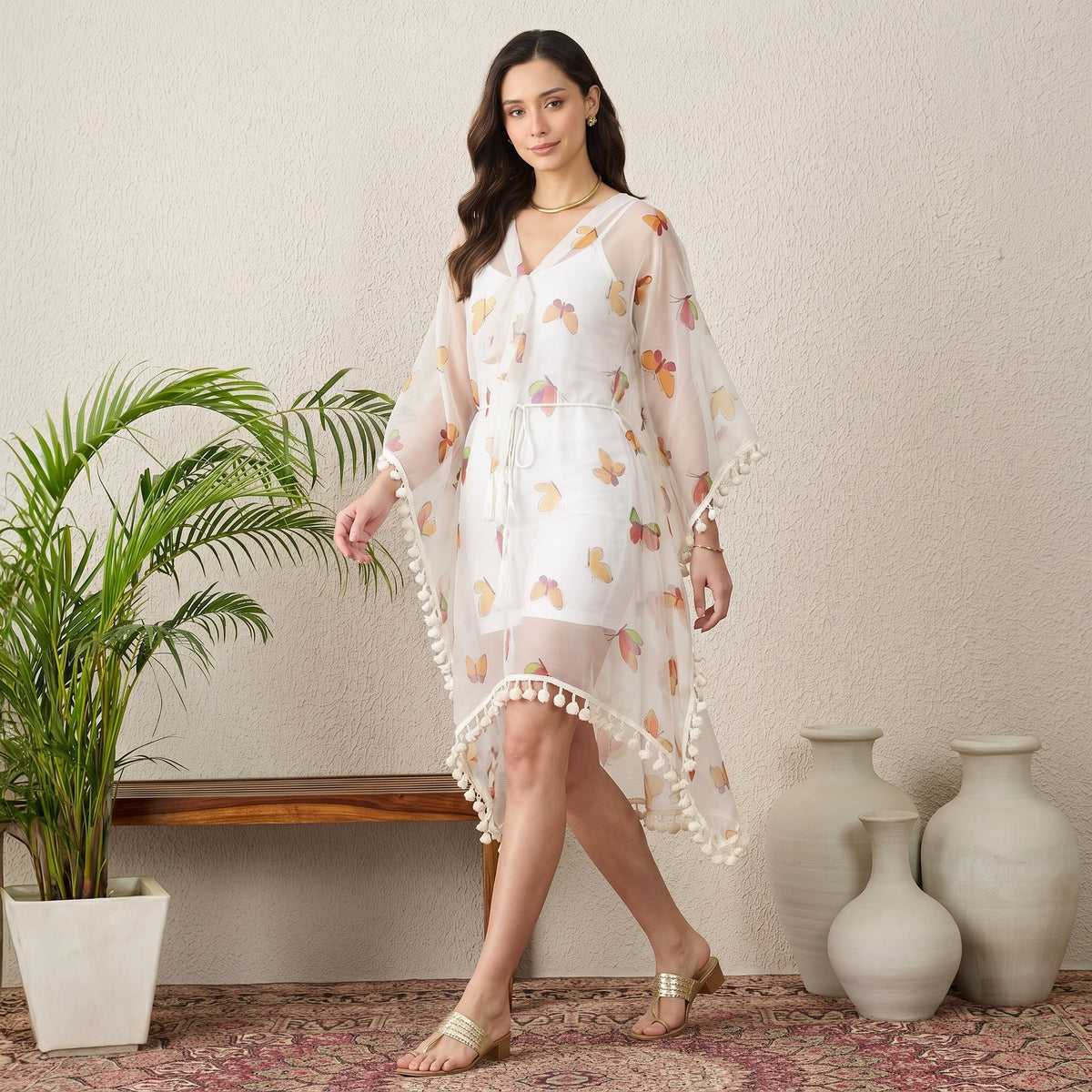 Mustard And Brown Butterfly Print Kaftan for Women – Silk Organza | First Resort by Ramola Bachchan