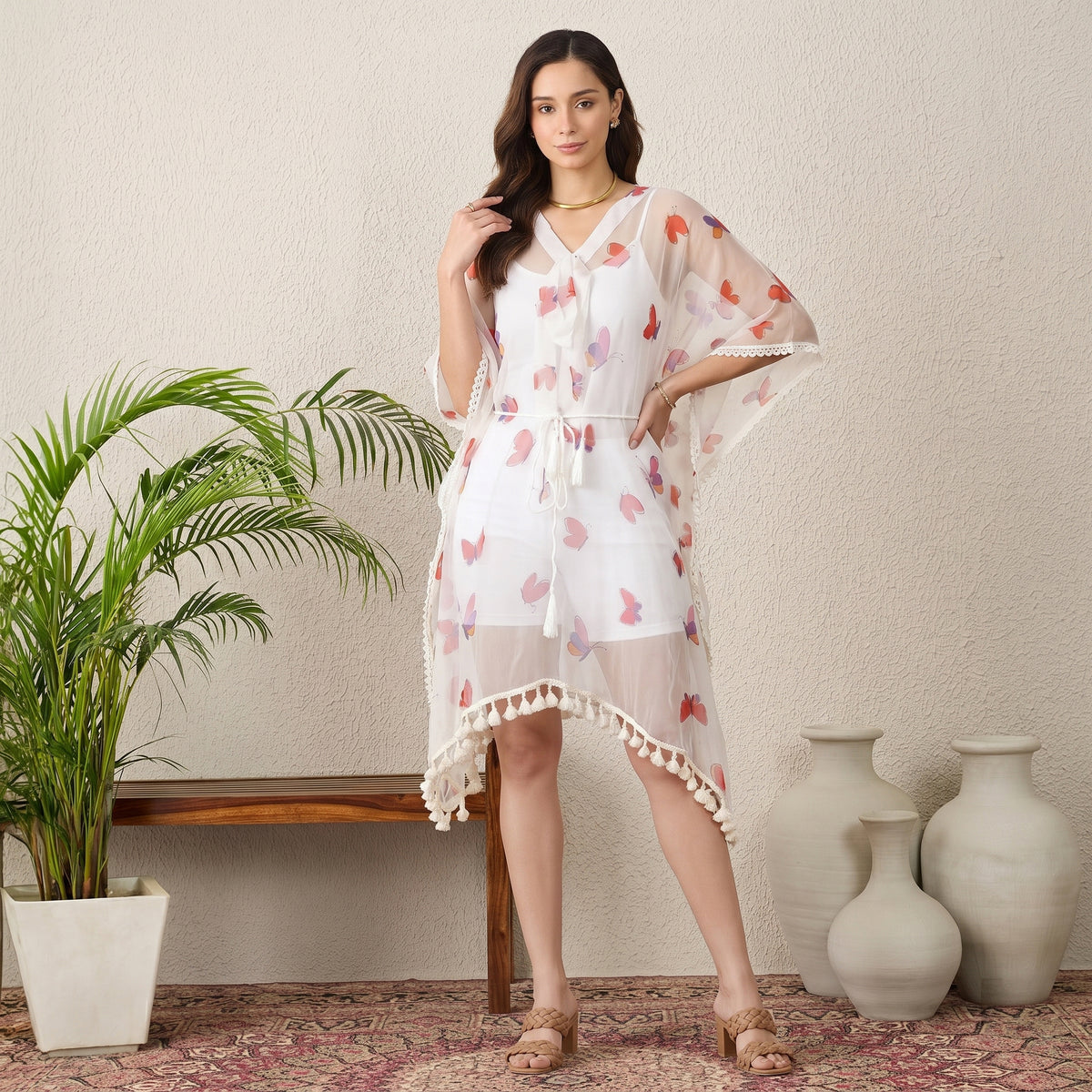 Red And Purple Butterfly Print Kaftan for Women – Silk Organza | First Resort by Ramola Bachchan