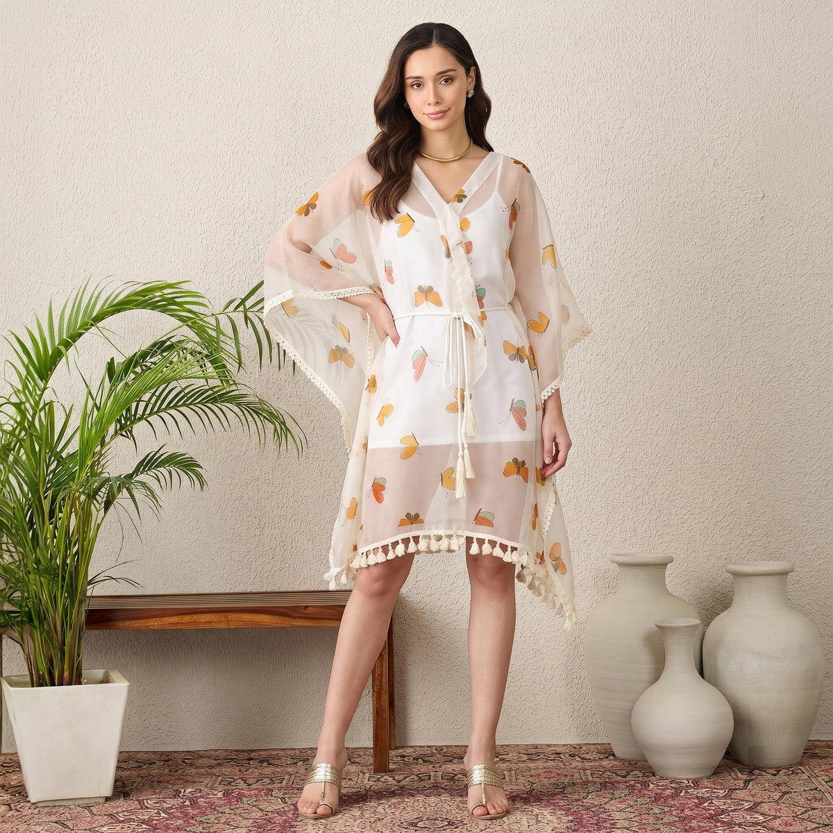 Yellow And Green Butterfly Print Kaftan for Women – Silk Organza | First Resort by Ramola Bachchan