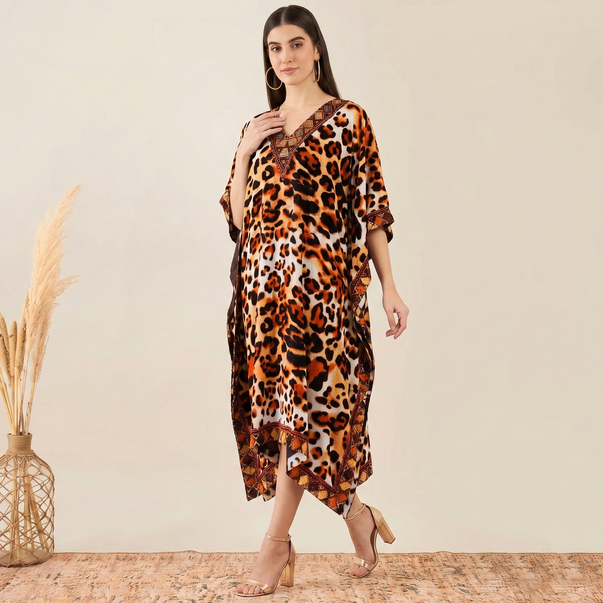 Brown Animal Print Kaftan for Women – Embellished | First Resort by Ramola Bachchan