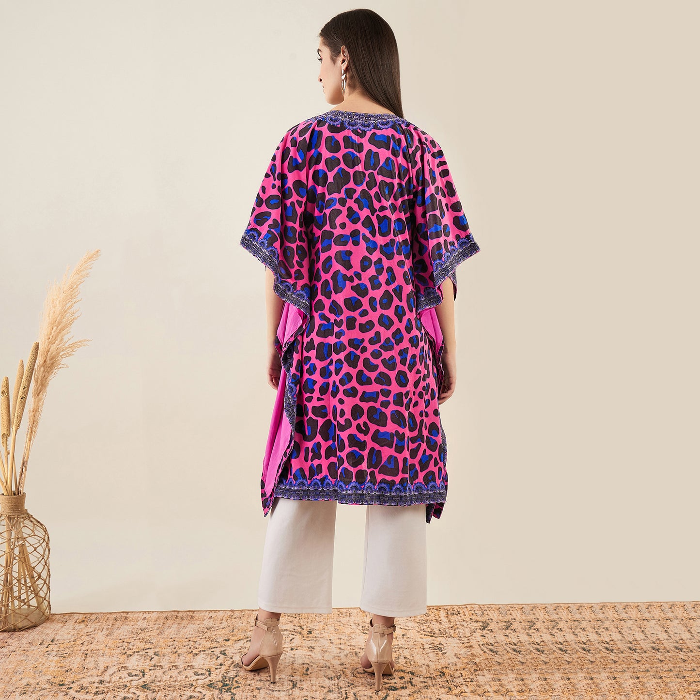 Pink and Blue Animal Print Silk Velvet Mid Length Kaftan