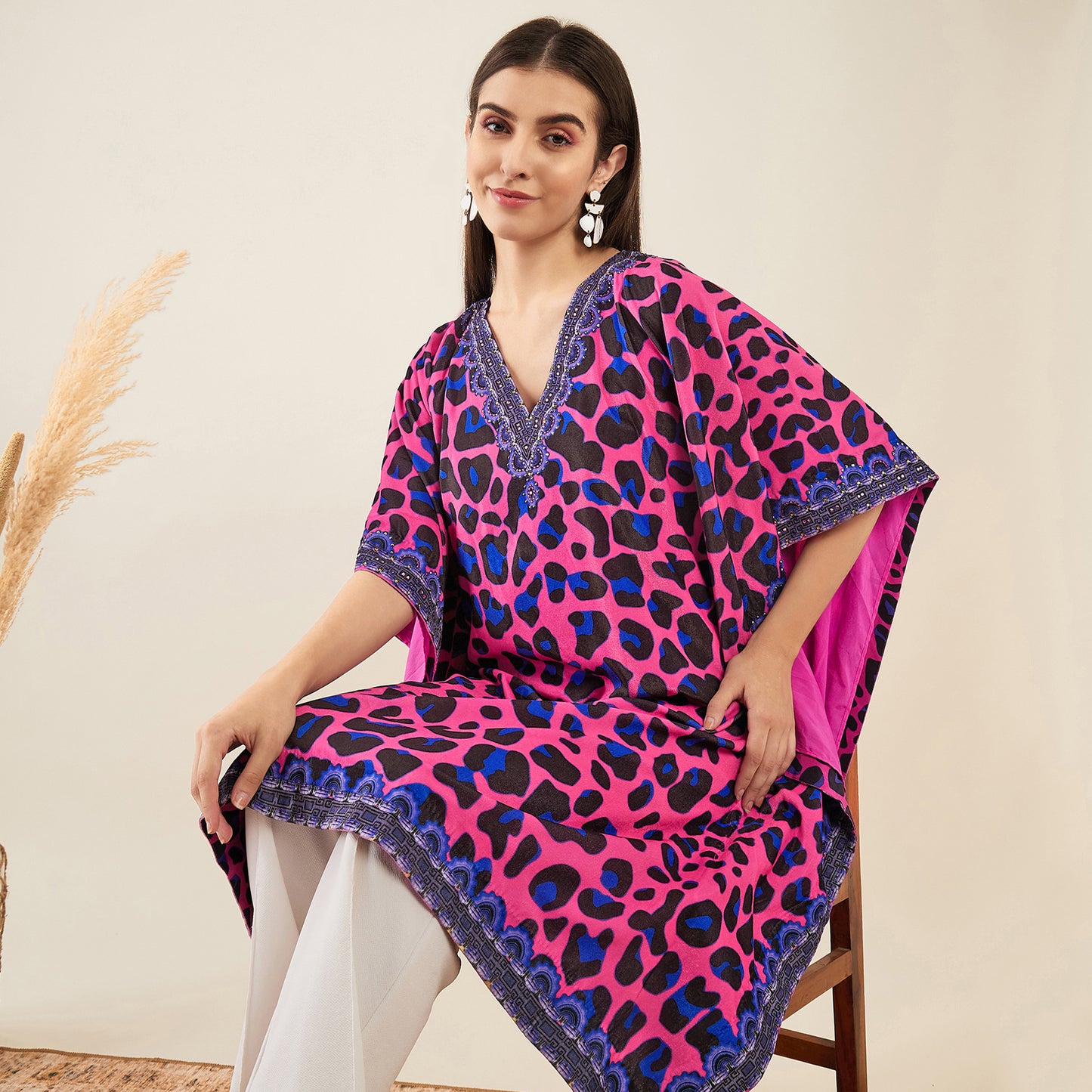 Pink and Blue Animal Print Silk Velvet Mid Length Kaftan