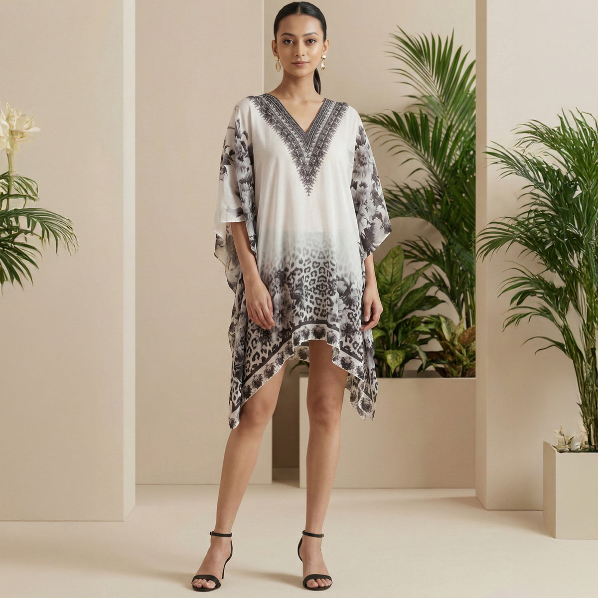 Beige Animal And Floral Print Kaftan for Women – Embellished | First Resort by Ramola Bachchan
