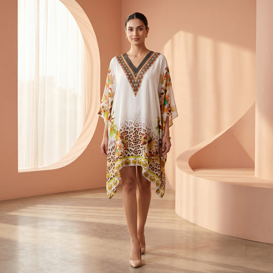 Yellow Animal And Floral Print Kaftan for Women – Embellished | First Resort by Ramola Bachchan