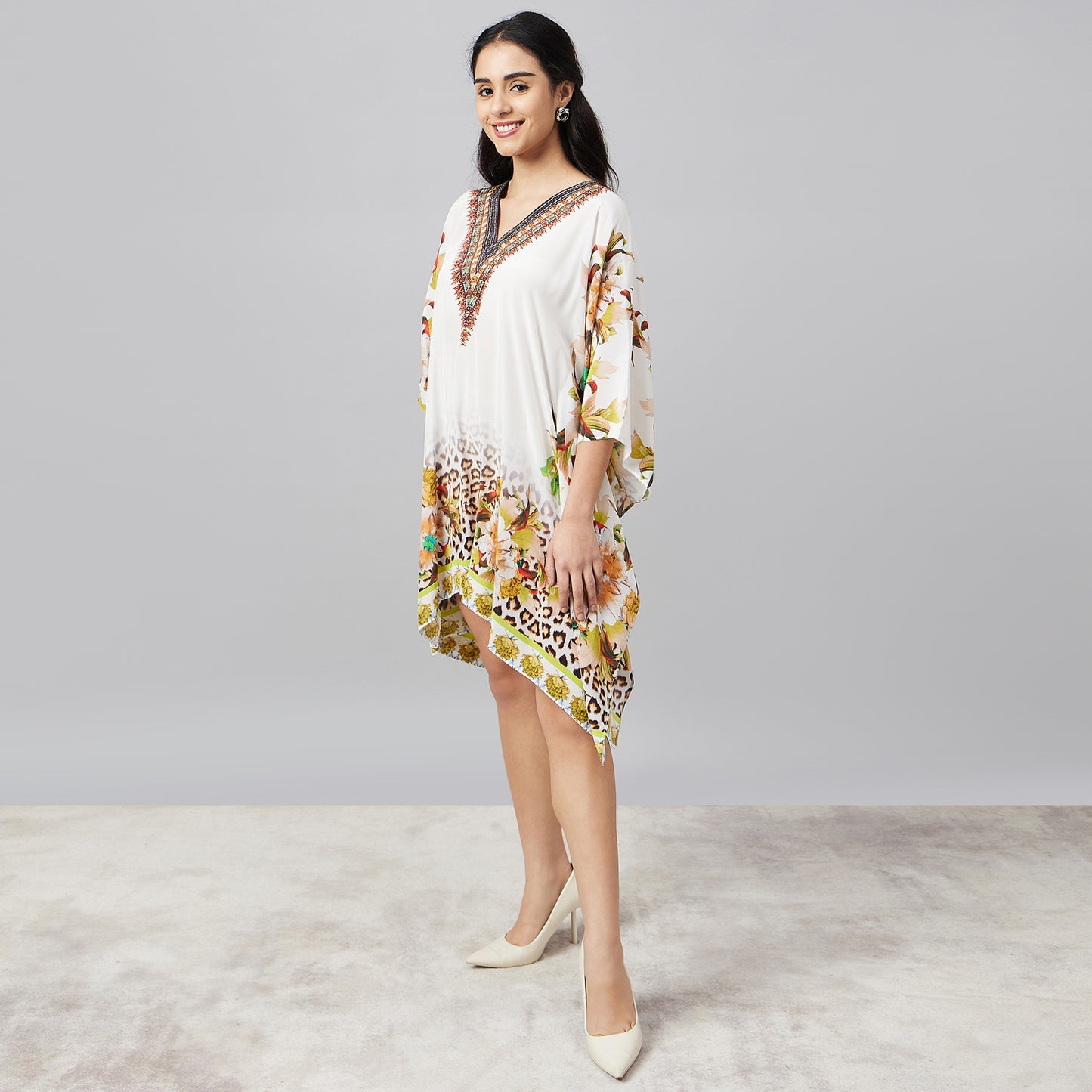 Yellow Floral Mid Length Kaftan