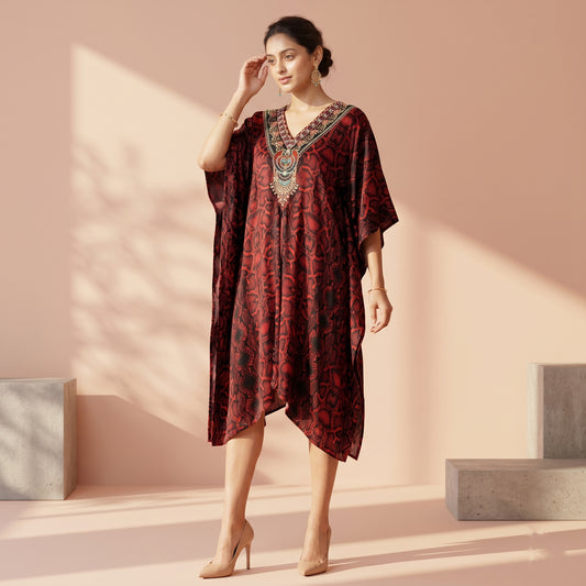 Red Animal Print Kaftan for Women – Embellished | First Resort by Ramola Bachchan