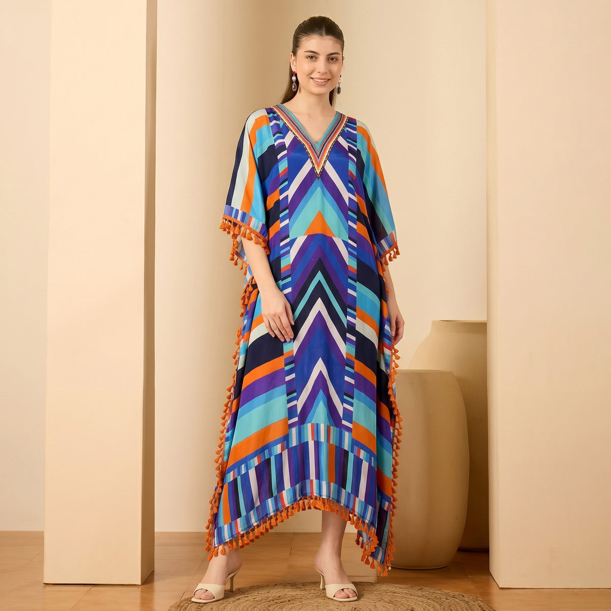 Blue And Orange Stripe Print Kaftan for Women – Viscose Crepe | First Resort by Ramola Bachchan