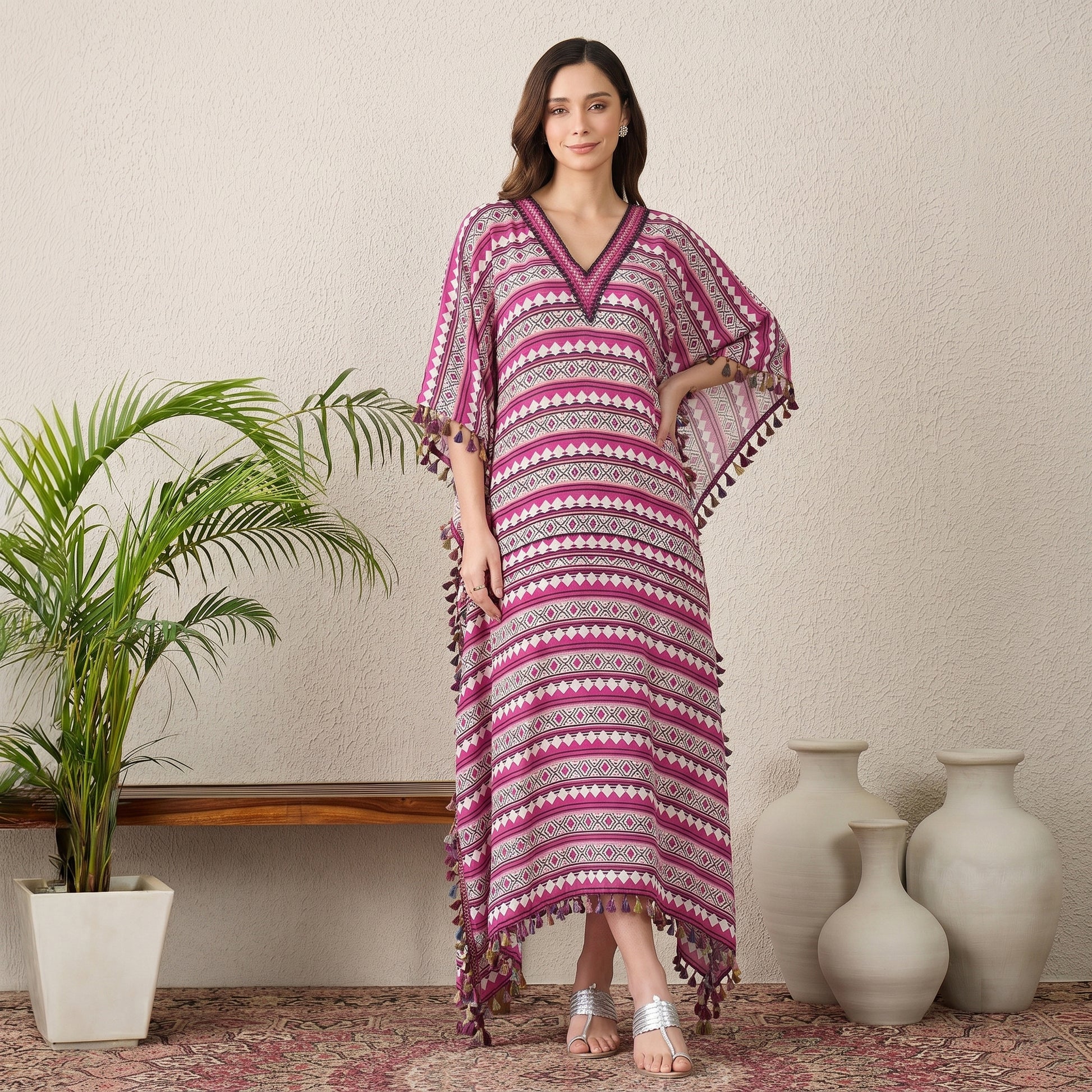 Pink Aztec Print Kaftan for Women – Viscose Crepe | First Resort by Ramola Bachchan