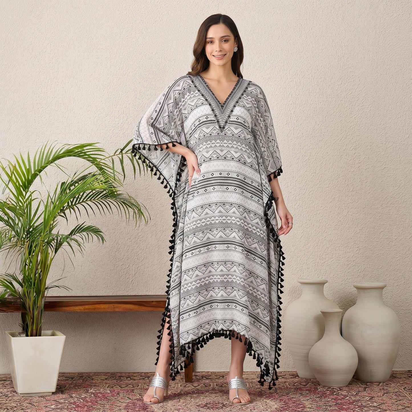 White And Grey Aztec Print Kaftan for Women – Viscose Crepe | First Resort by Ramola Bachchan