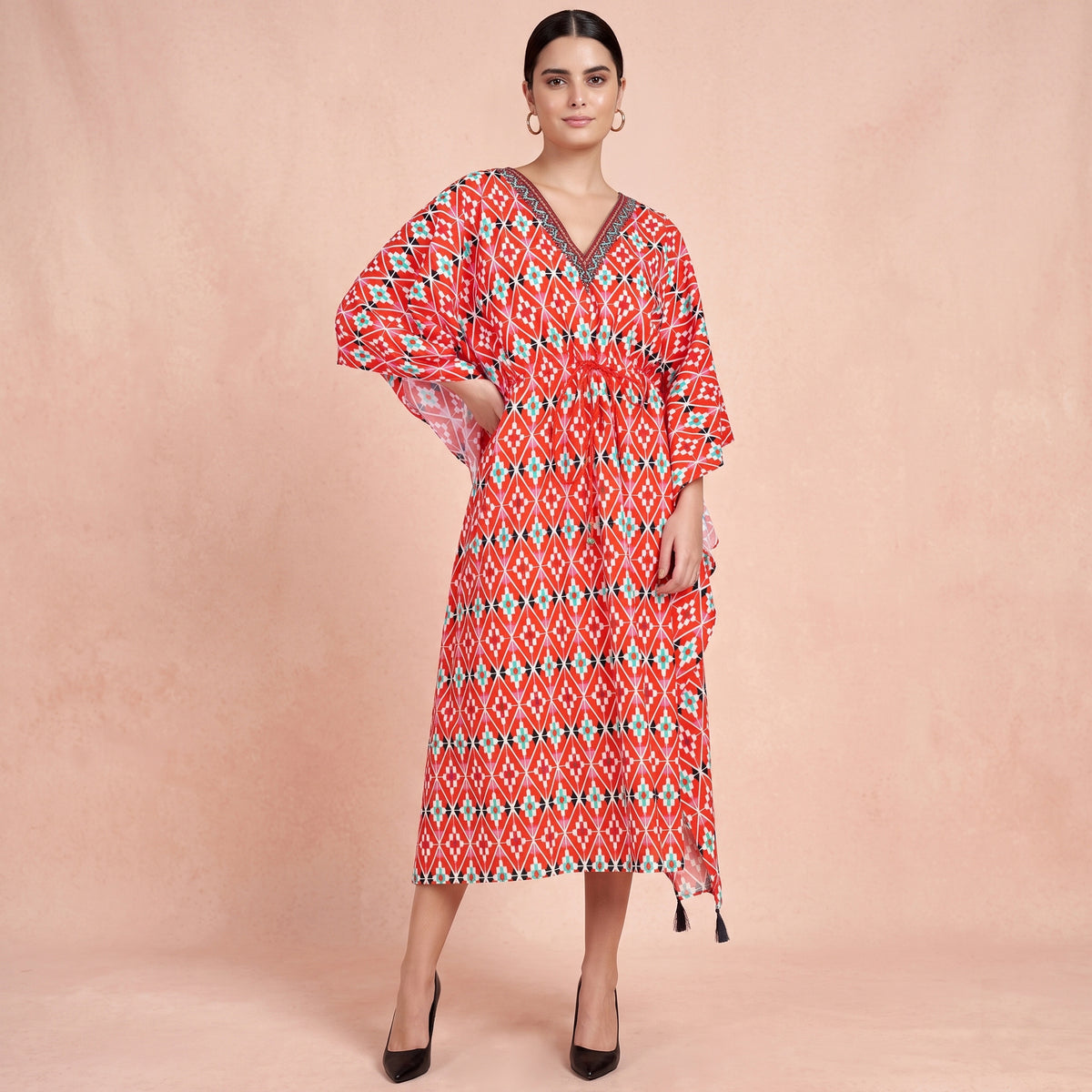 Bright Red Moroccan Print Kaftan for Women – Cotton Poplin | First Resort by Ramola Bachchan