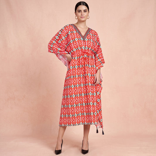 Bright Red Moroccan Print Kaftan for Women – Cotton Poplin | First Resort by Ramola Bachchan
