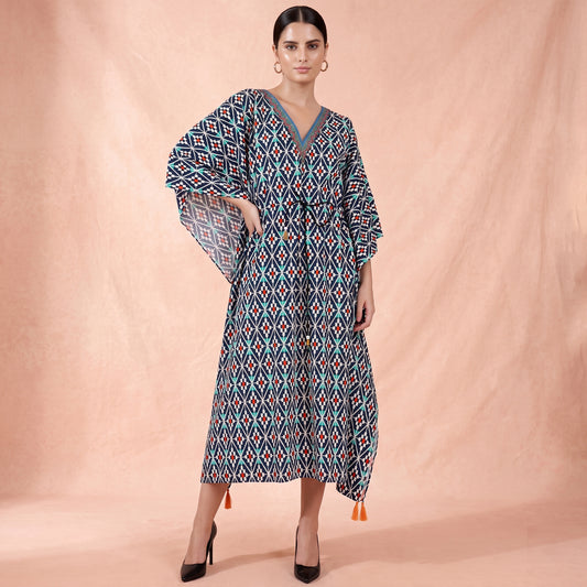Charcoal Moroccan Print Kaftan for Women – Cotton Poplin | First Resort by Ramola Bachchan