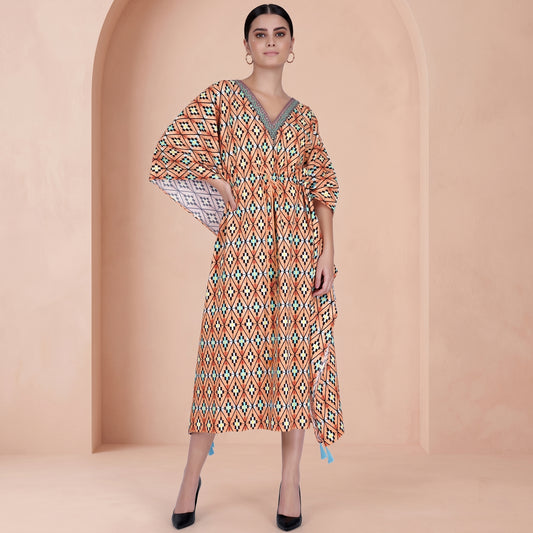 Melon Orange Moroccan Print Kaftan for Women – Cotton Poplin | First Resort by Ramola Bachchan