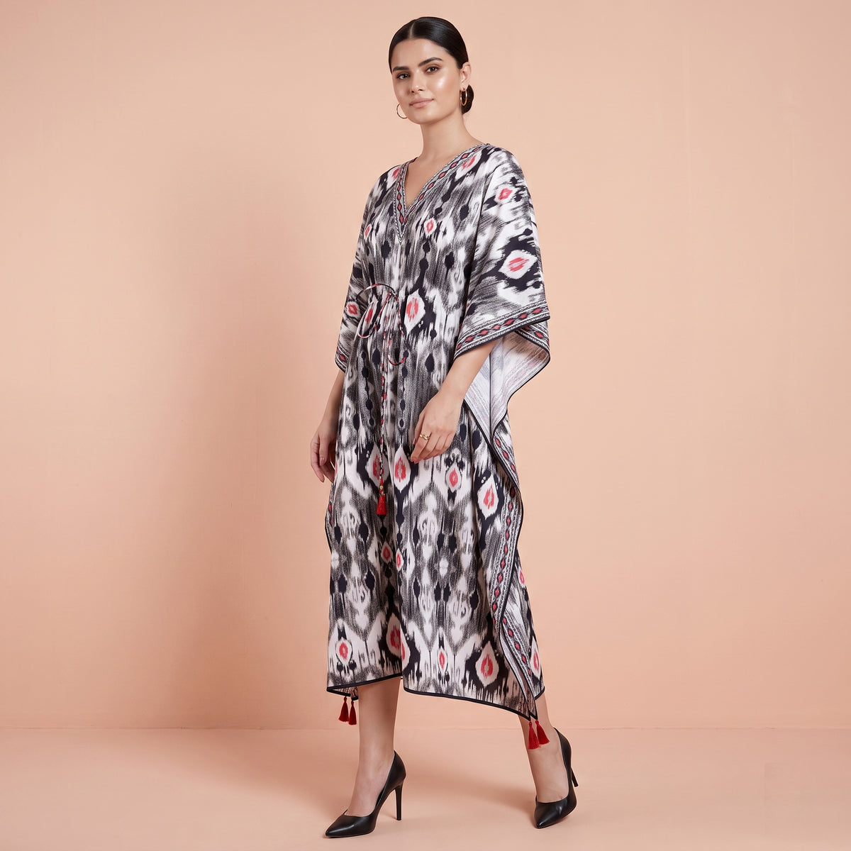 Black Ikat Print Kaftan for Women – Cotton Poplin | First Resort by Ramola Bachchan