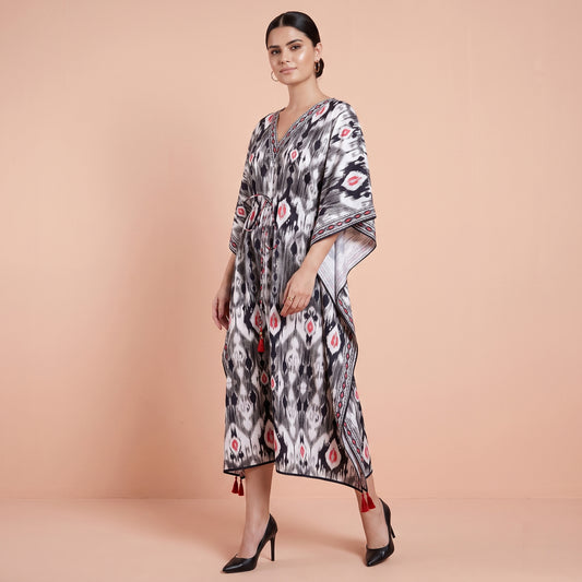 Black Ikat Print Kaftan for Women – Cotton Poplin | First Resort by Ramola Bachchan
