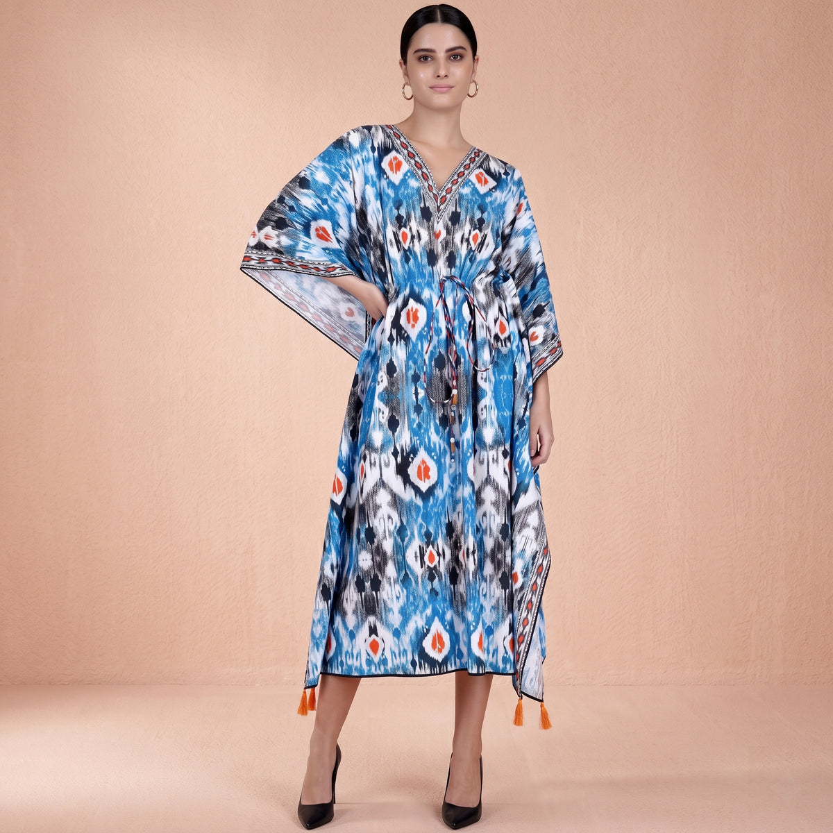 Blue Ikat Print Kaftan for Women – Cotton Poplin | First Resort by Ramola Bachchan