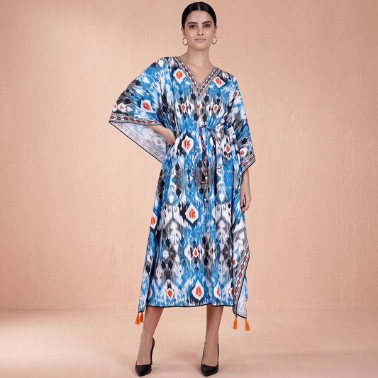 Blue Ikat Print Kaftan for Women – Cotton Poplin | First Resort by Ramola Bachchan